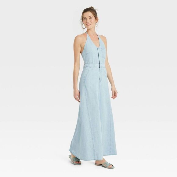 Women's Halter Neck Denim Maxi Dress - Universal Thread Blue 10 - Picture 1 of 2